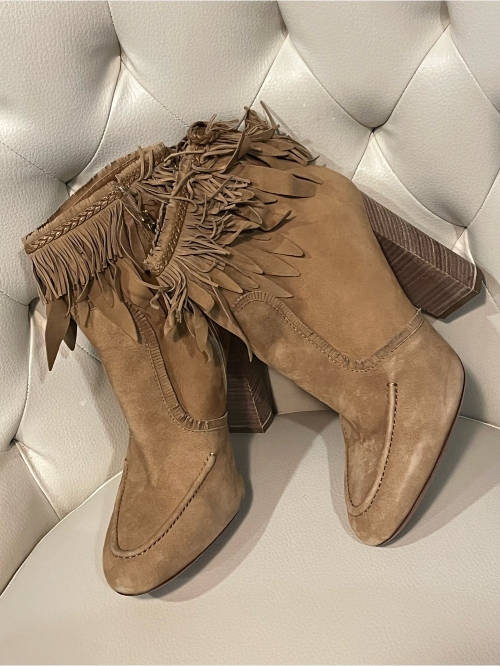 Aquazzura Designer Tan Suede Fringe Ankle Boots Size 8 39EU BOHO LUXURY